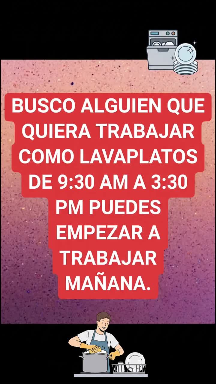 Spanish dishwasher recruitment poster with white text on red blocks over a coral and purple background