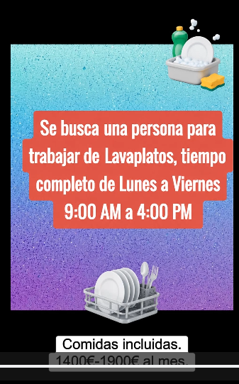 Spanish dishwasher recruitment poster with a gradient background and red text blocks