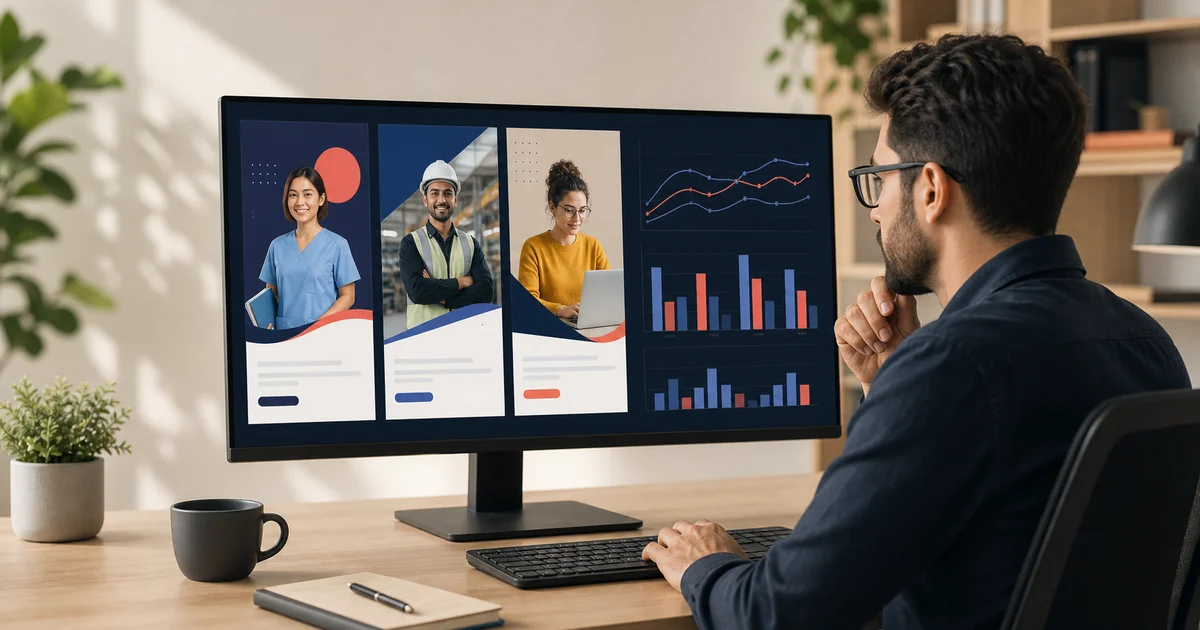 Media buyer comparing three recruitment ad creatives with campaign performance charts