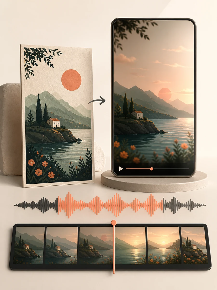 A finished poster becoming a vertical voice-over video with an audio waveform and timeline